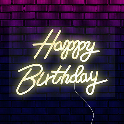 Неоновая вывеска для дома "Happy Birthday" желтого цвета 150x300 мм. Белый