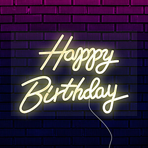 Неоновая вывеска для дома "Happy Birthday" желтого цвета Под заказ  Белый